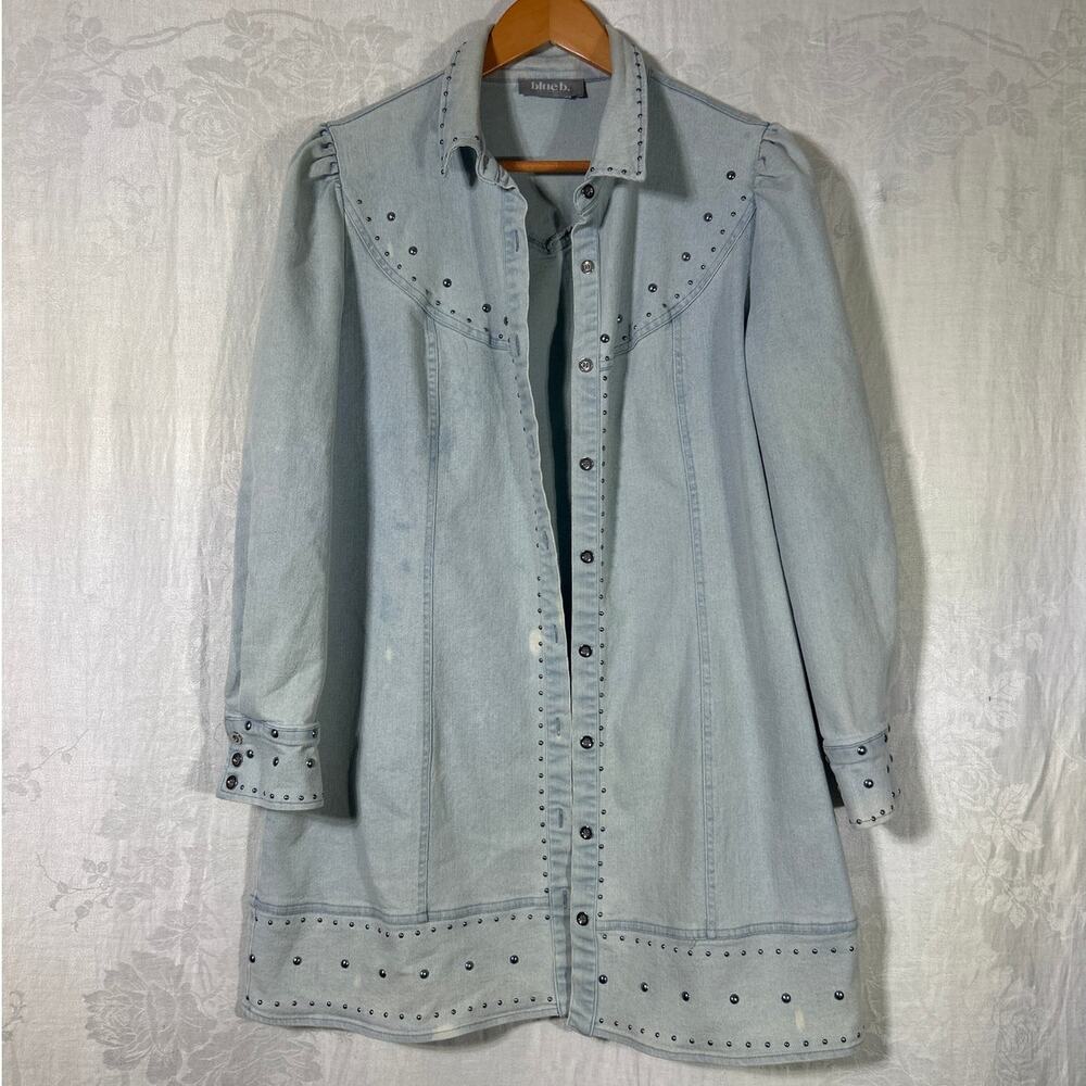 Blue B Jean Jacket Lrg Light Blue Denim Studded Long Puff Sleeve Western Dress